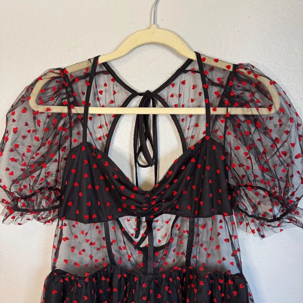 SHEIN Puff Sleeve Black with Red Heart Mesh Dress Sweetheart Neckline - Picture 2 of 5